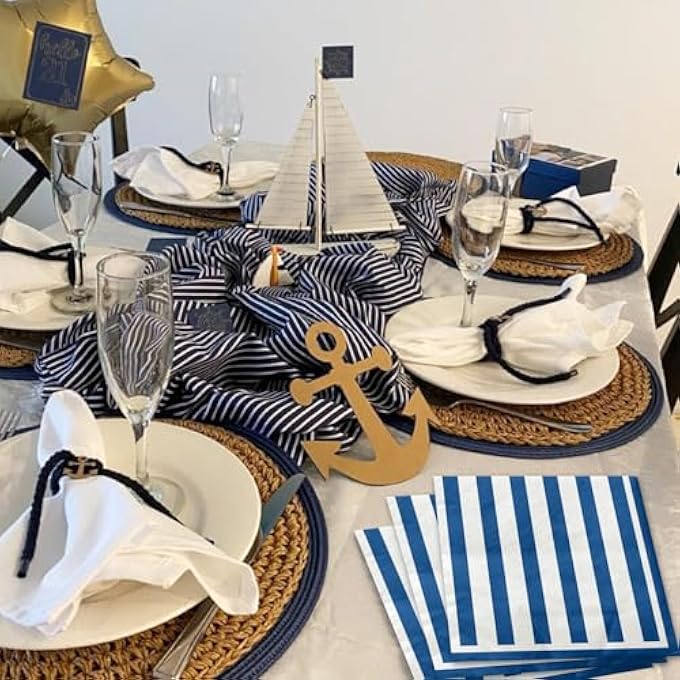 100 PCS BLUE AND WHITE STRIPED NAPKINS, NAVY BLUE AND WHITE COCKTAIL BEVERAGE PAPER NAPKIN LUNCH NAPKIN FOR BOY MEN BIRTHDAY BRIDAL BABY SHOWER WEDDING - Image 4